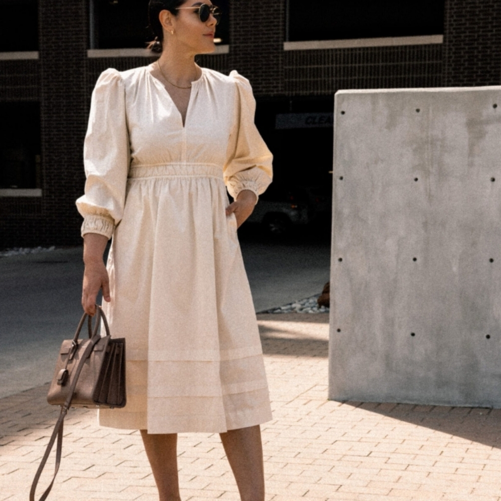 J. CREW Long-sleeve Smocked-waist Puff Sleeves Midi Dress Chino Cream Pockets S
